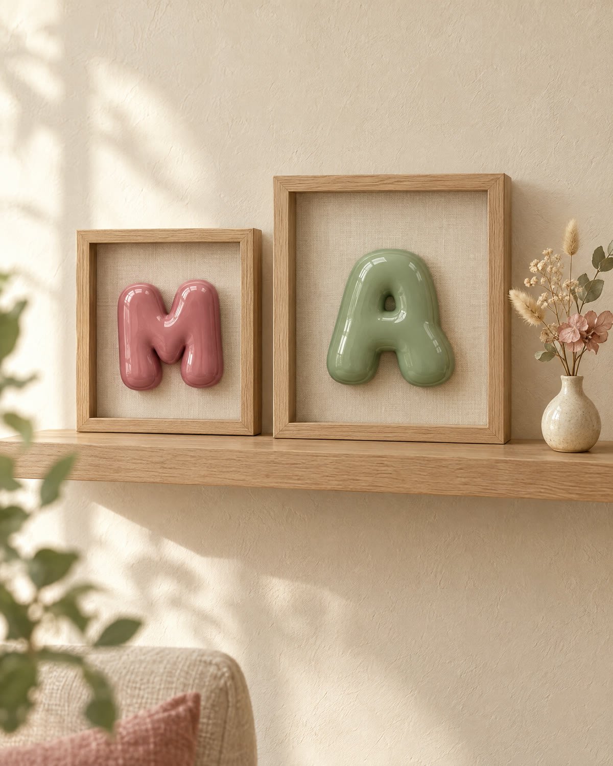 Cuadros de roble con iniciales en letras 3D glossy sobre una repisa