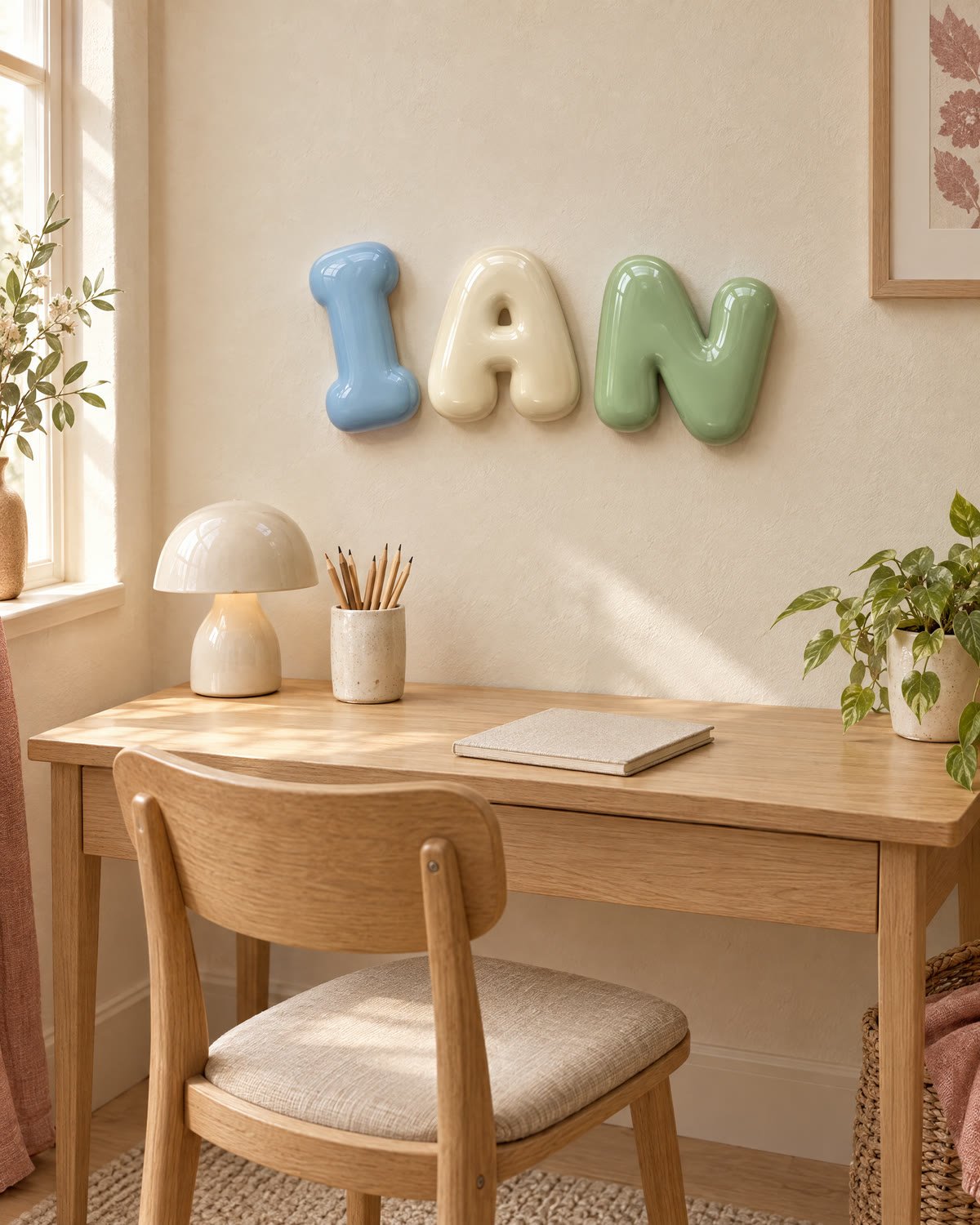 El nombre IAN en la pared arriba de un escritorio infantil de roble