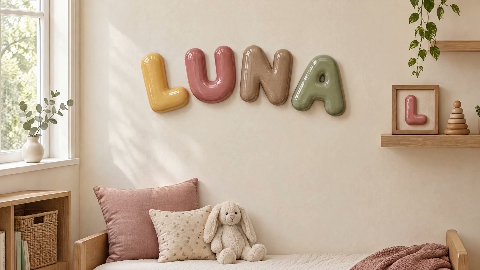 El nombre LUNA en la pared de una recámara con ventana, repisa y cama de día